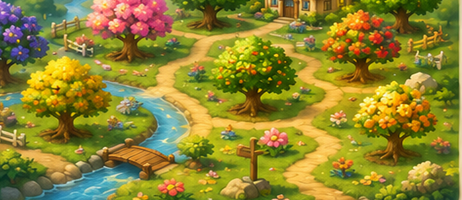 A bright hand-painted orchard with nine Spirit Trees